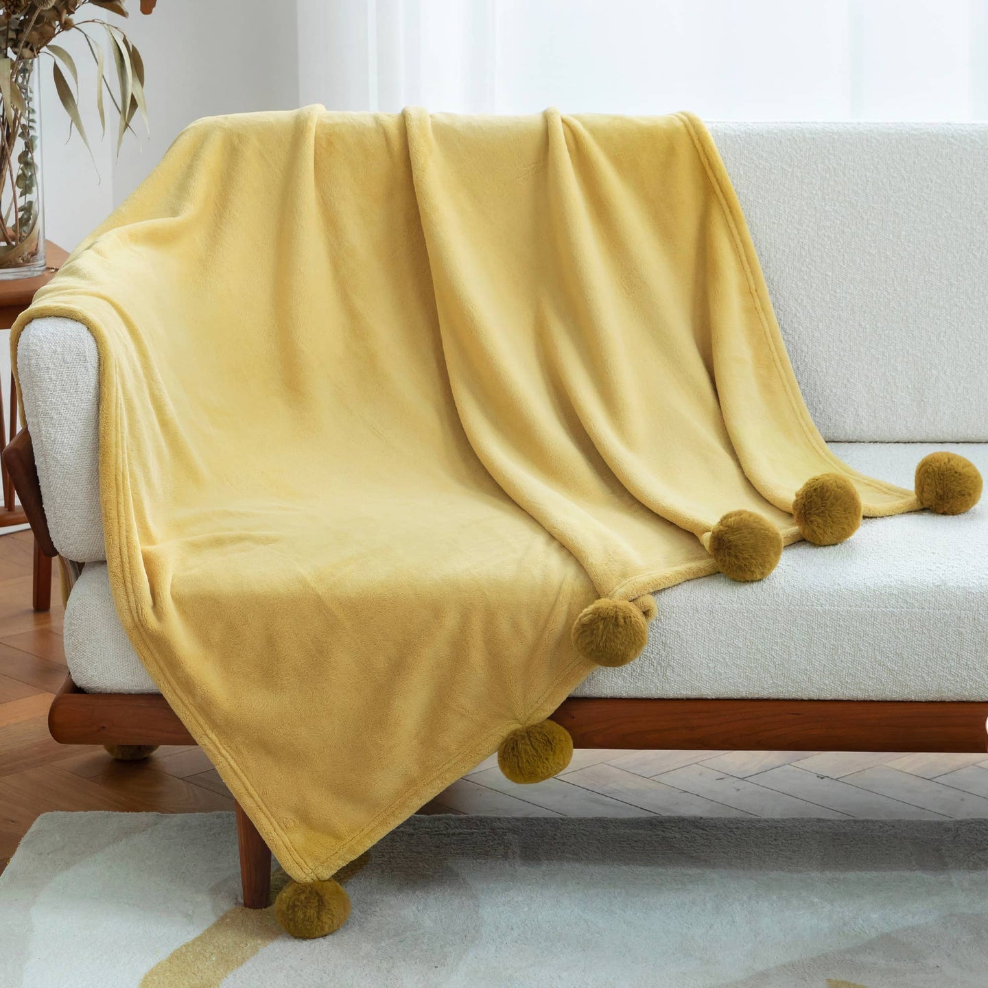 Fleece Throw Blanket with PomPom Fringe - Yellow