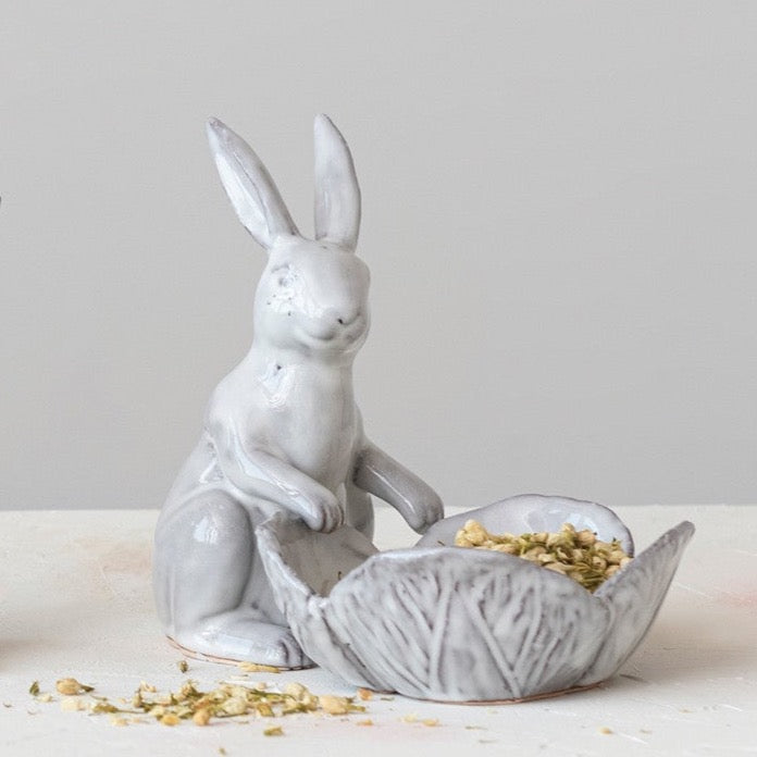 Stoneware Rabbit with Flower Shaped Bowl