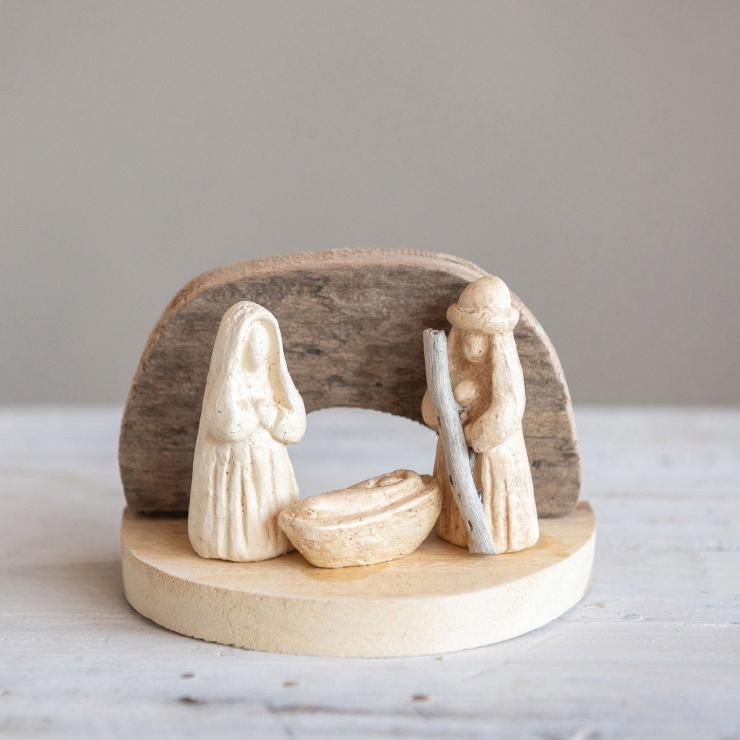 Paper Mache Holy Family with Acacia Wood Base